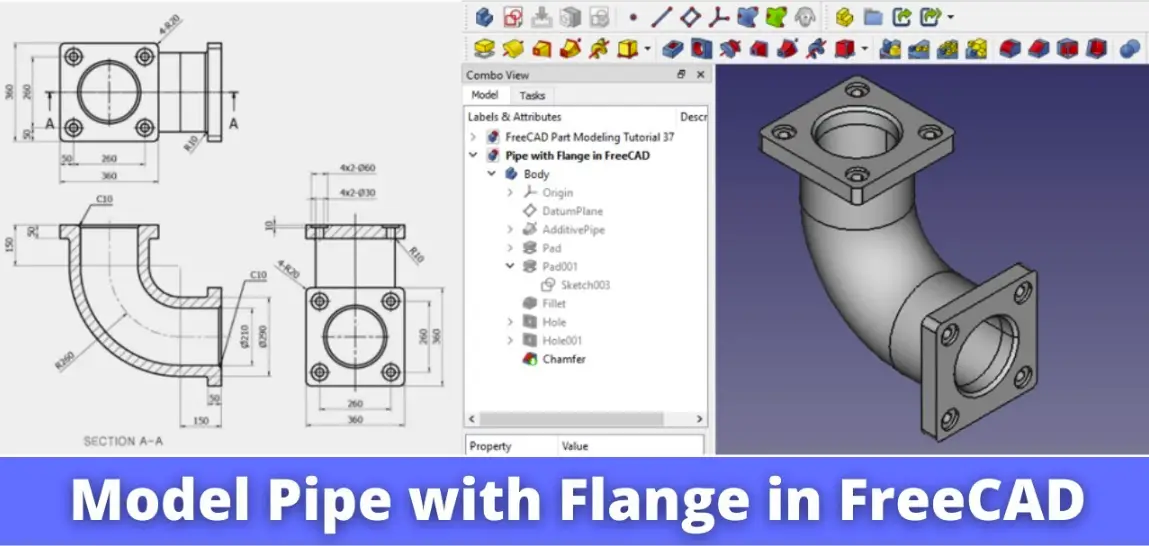 Model pipe with flange in freecad 01