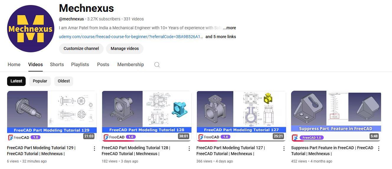 Freecad youtube channels and tutorials 01