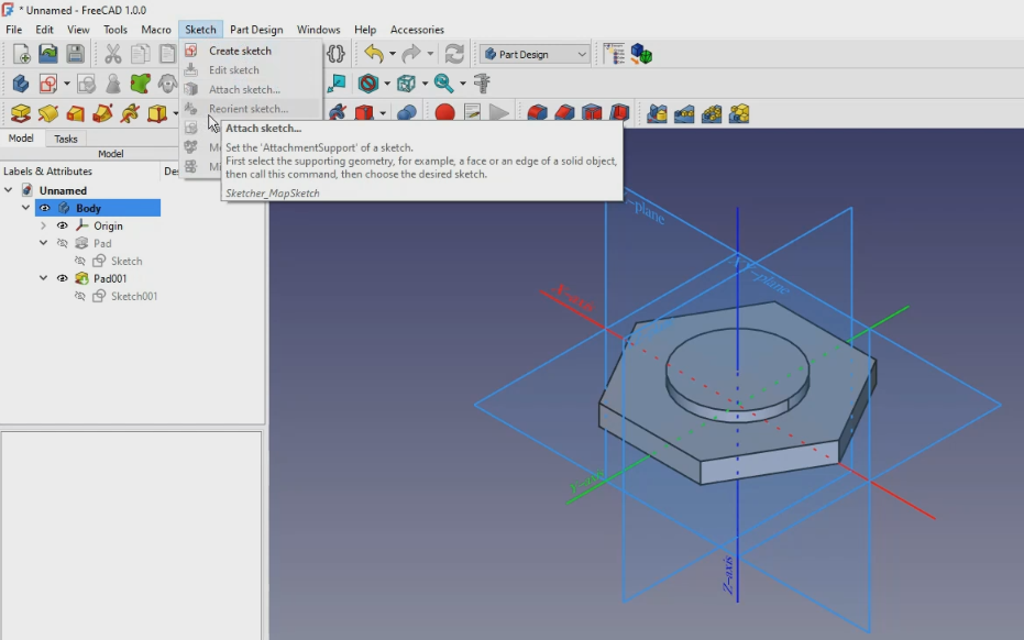 Reorient sketch with offset in freecad 1.0 06