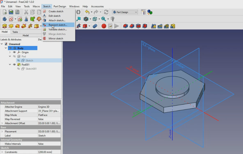 Reorient sketch with offset in freecad 1.0 07