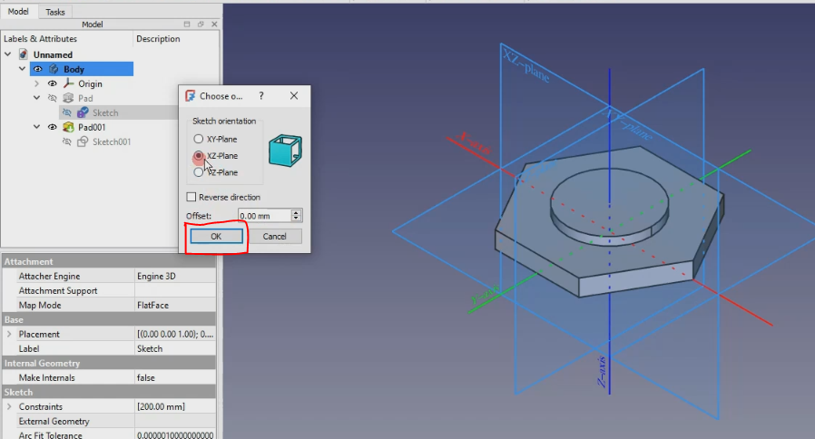Reorient sketch with offset in freecad 1.0 09