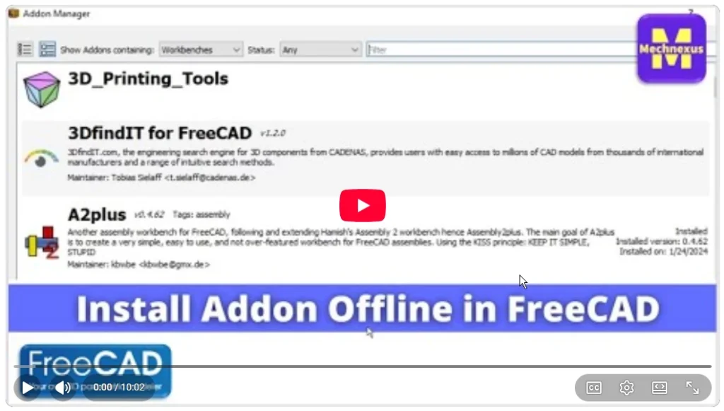 2026 01 20 17 47 51 Install Addon offline in FreeCAD Mechnexus YouTube — Mozilla Firefox